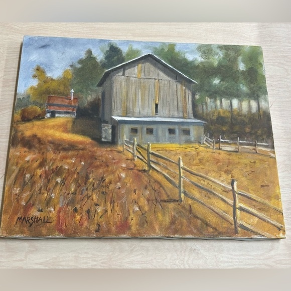 Vintage Original Painting On Canvas Autumn Fall Barn Farmhouse 16x20 Marshall - Picture 1 of 7